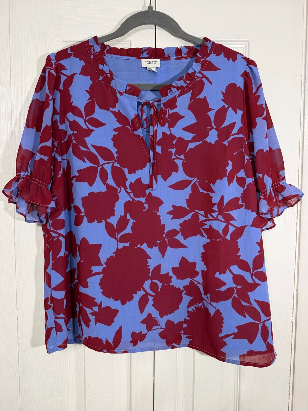 J.Crew Floral Ruffle Blouse L Blue Red